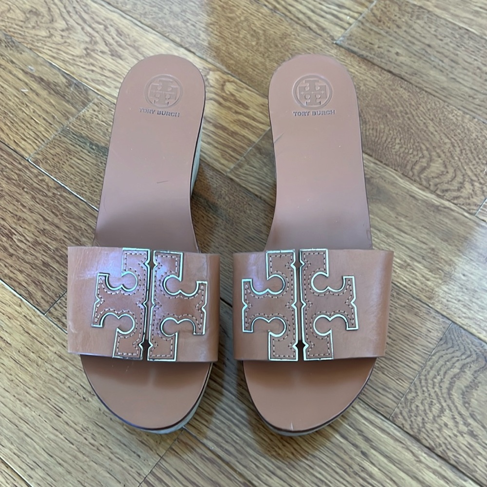 Tory Burch Tan Ines Logo Wedge Platform Slide Sandals Woman’s Size 7 1/2